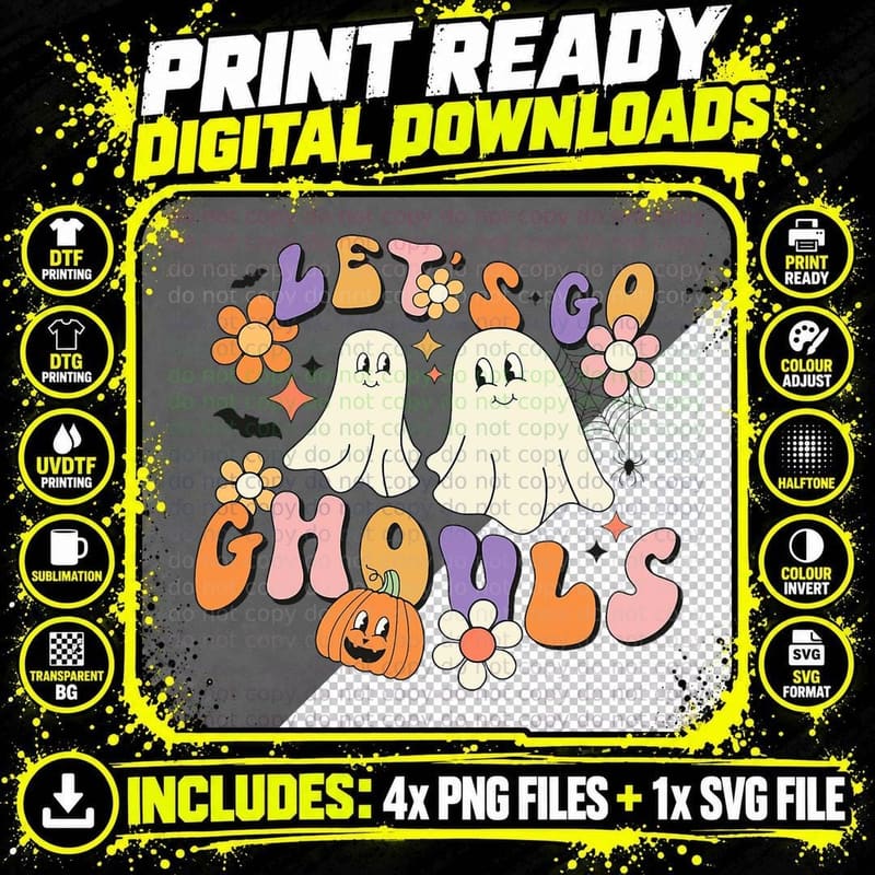 Groovy Let's Go Ghouls Floral Ghost Hippie Halloween Png SVG Digital Bundle