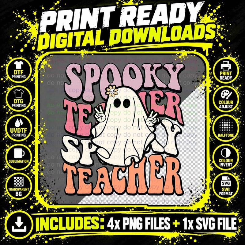 Groovy Retro Halloween Spooky Teacher Trick or Teach Png SVG Digital Bundle