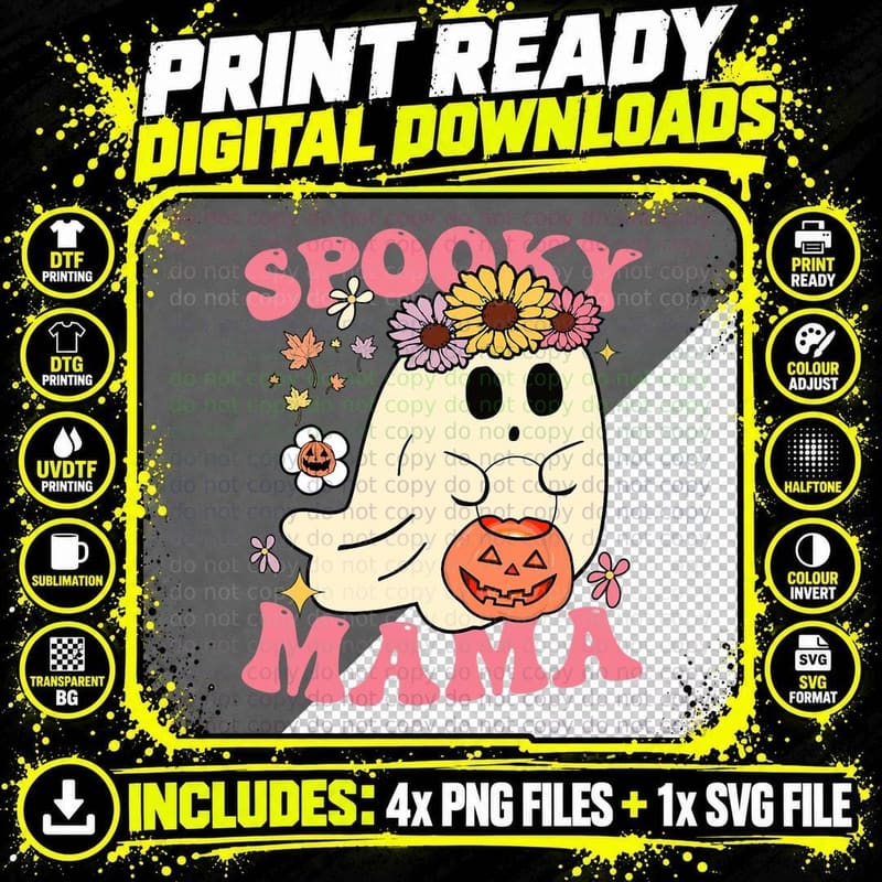 Groovy Spooky Mama Vibes Retro Halloween Ghost Spooky Png SVG Digital Bundle