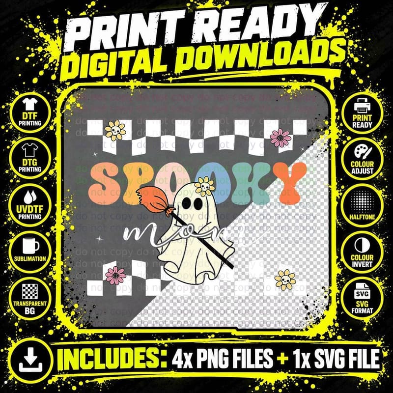 Groovy Spooky Mom Ghost Scary Floral Hippie Halloween Png SVG Digital Bundle