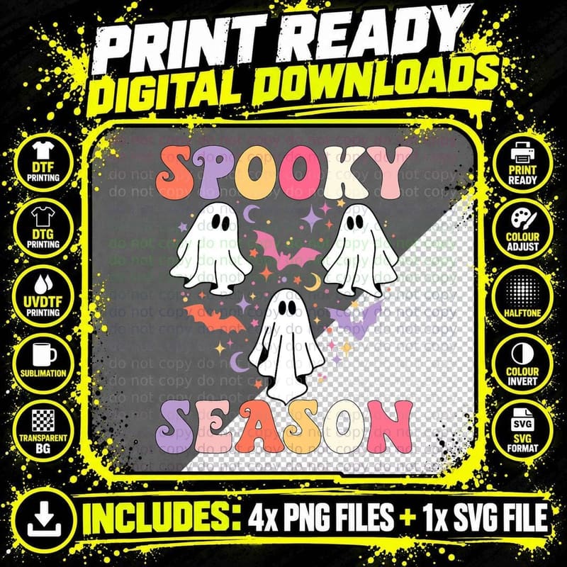 Groovy Spooky Season Ghost Spider Happy Halloween T-Shirt Png SVG Digital Bundle