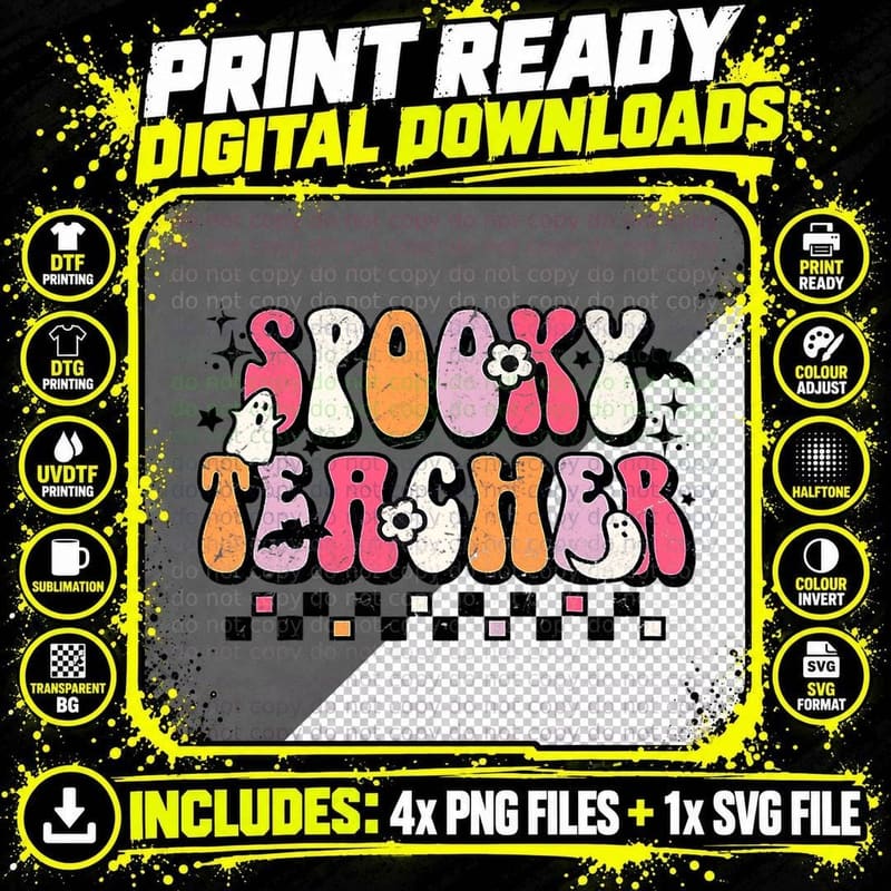 Groovy Spooky Teacher Teaching Retro Halloween Spooky Png SVG Digital Bundle