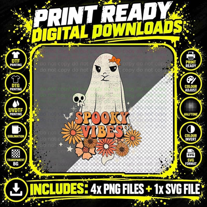 Groovy Spooky Vibes Halloween Ghost Spooky Season Girl Png SVG Digital Bundle
