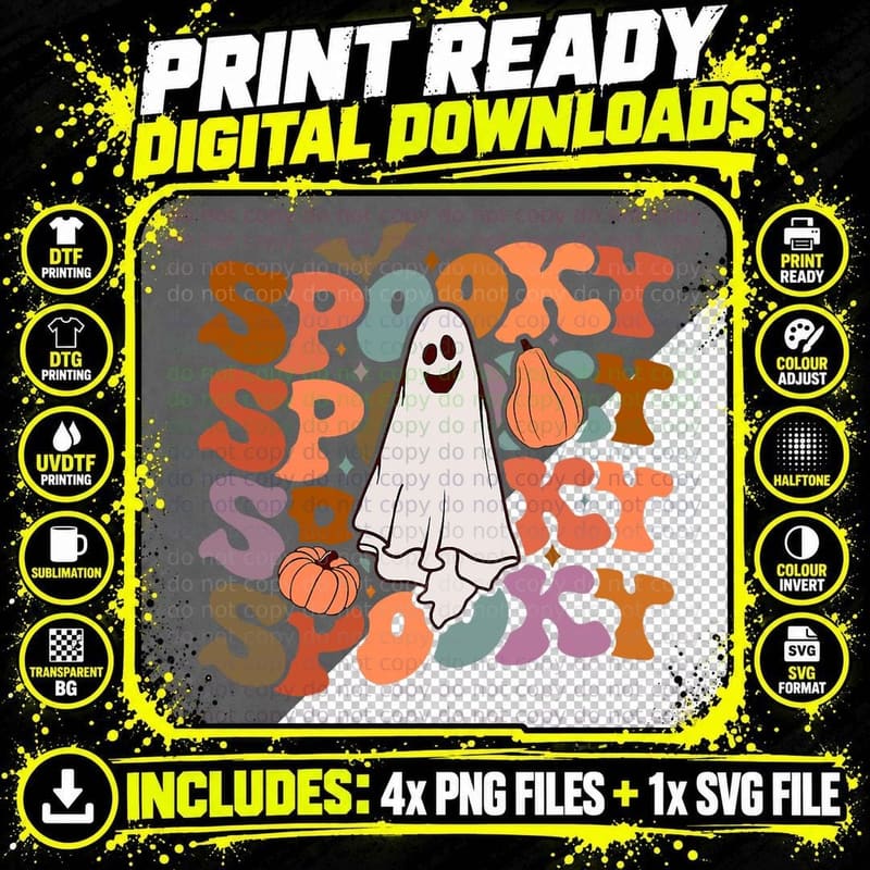 Groovy Spooky Vibes Vintage Floral Ghost Hippie Png SVG Digital Bundle