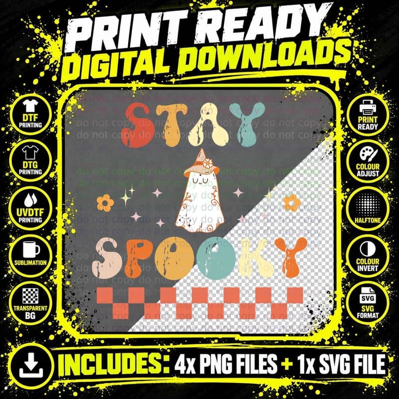 Groovy Stay Spooky Floral Ghost Boo Retro Halloween Png SVG Digital Bundle