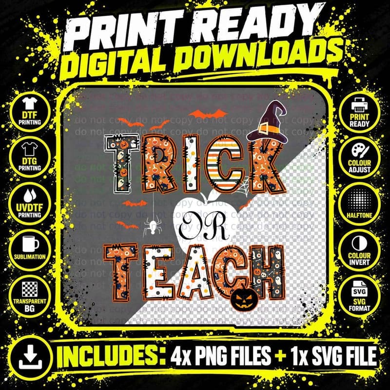 Groovy TRICK OT TEACH Retro Vintage Halloween Teacher Png SVG Digital Bundle