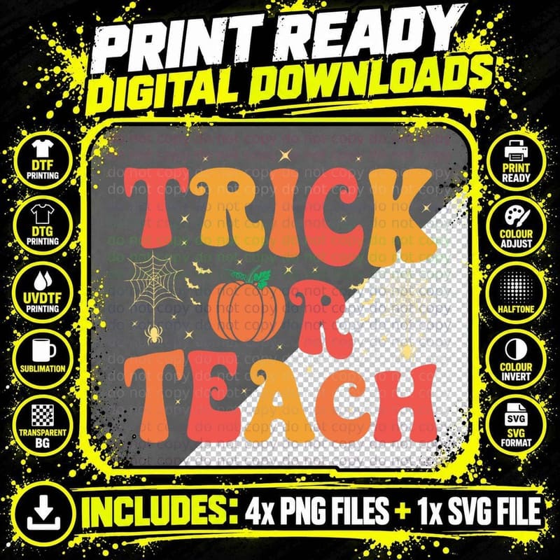 Groovy Trick or Teach Halloween Teacher Life Men Women Png SVG Digital Bundle