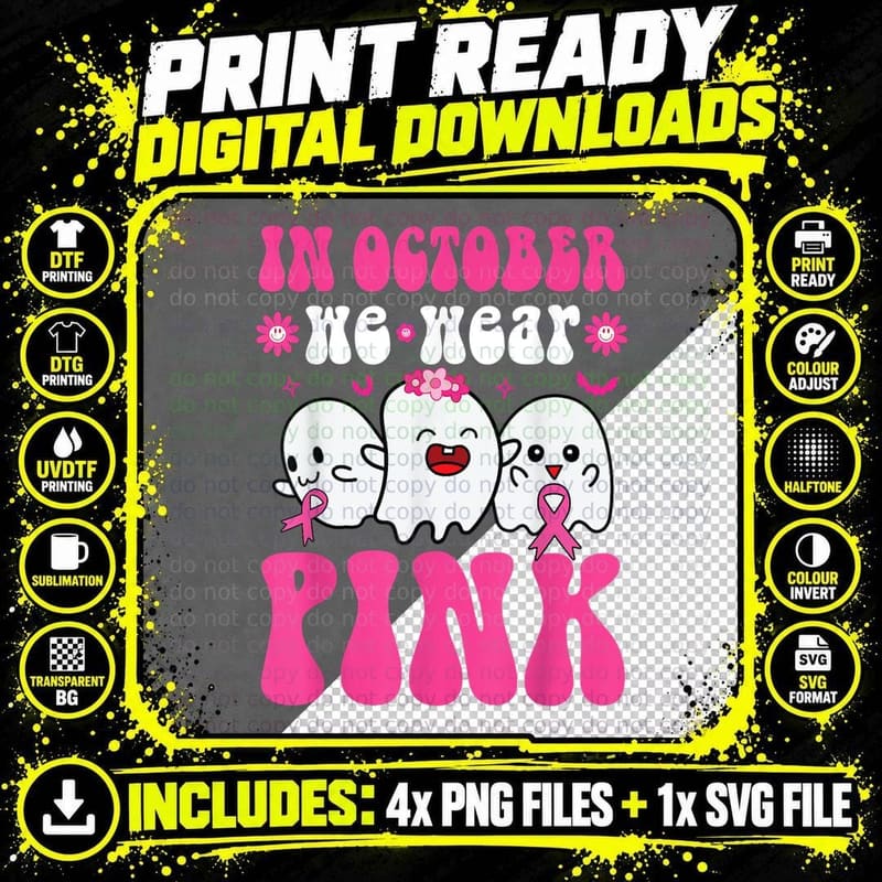 Groovy Wear Pink Breast Cancer Warrior Ghost Halloween Png SVG Digital Bundle