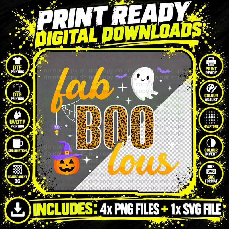 Halloween Boo Faboolous Leopard Pumpkin Witch Hat Ghost Png SVG Digital Bundle