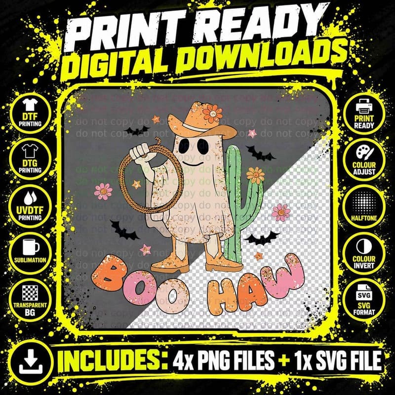 Halloween Boo Haw Spooky Ghost Preppy Cowgirl Sunflowers Png SVG Digital Bundle