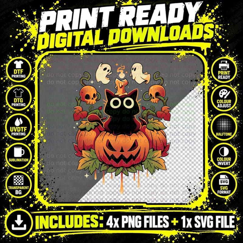 Halloween Candle Trick - Autumn Cat T-Shirt Png SVG Digital Bundle
