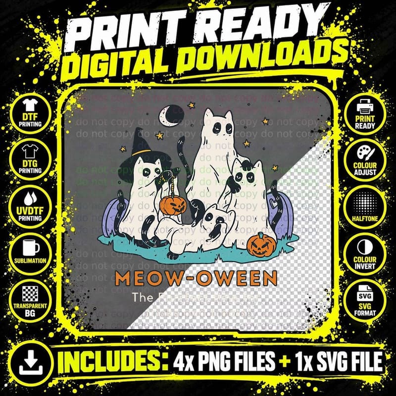 Halloween Cat Cute Funny Meow Oween for Trick or Treat Png SVG Digital Bundle