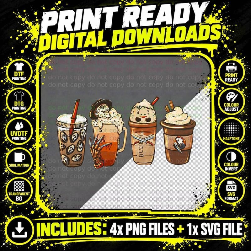 Halloween Coffee Drinking Autumn Theme Horror Character Png SVG Digital Bundle