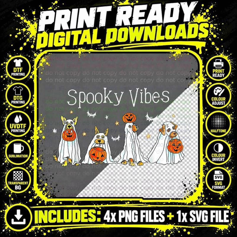 Halloween Dogs in Ghost Costume Spooky Vibes Dog Lover Png SVG Digital Bundle