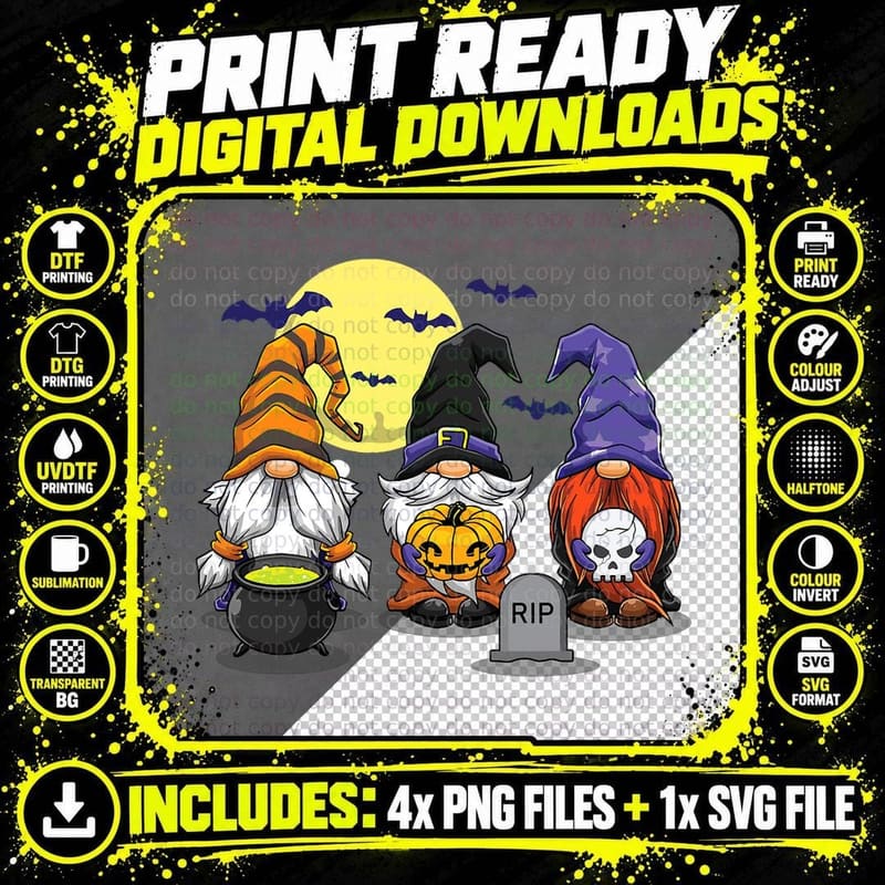 Halloween Gnomes Autumn Witch Costumes Treat or Trick Png SVG Digital Bundle