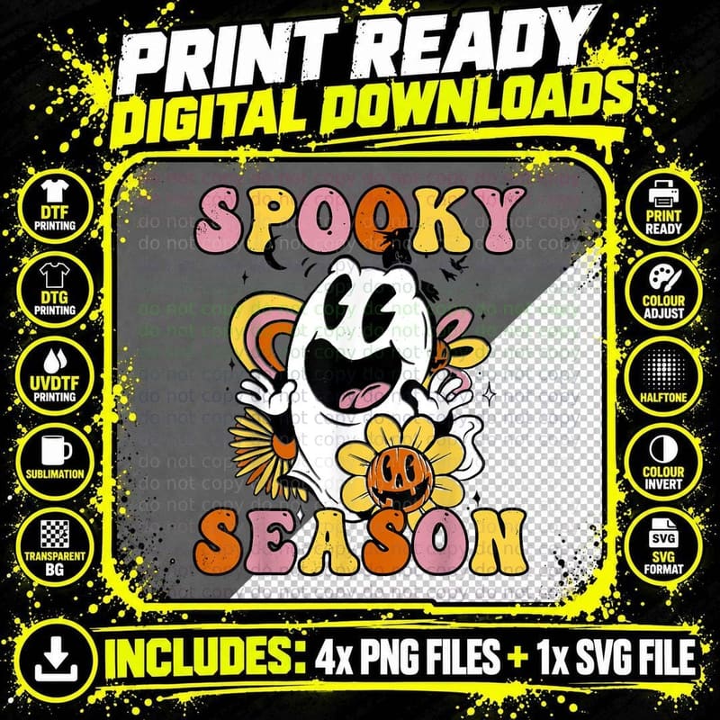 Halloween Hippie Groovy Ghost Spooky Season T-Shirt Png SVG Digital Bundle