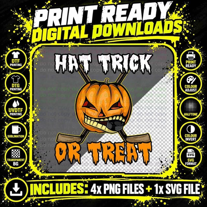 Halloween Hockey Hat Trick or Treat Funny T-Shirt Png SVG Digital Bundle