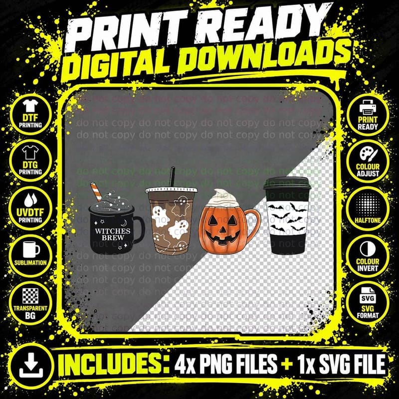 Halloween Horror Iced Coffee Witches Brew Pumpkin Spice Png SVG Digital Bundle