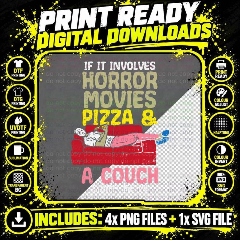Halloween Horror-Movie Pizza Couch Quote Spooky Thriller Png SVG Digital Bundle