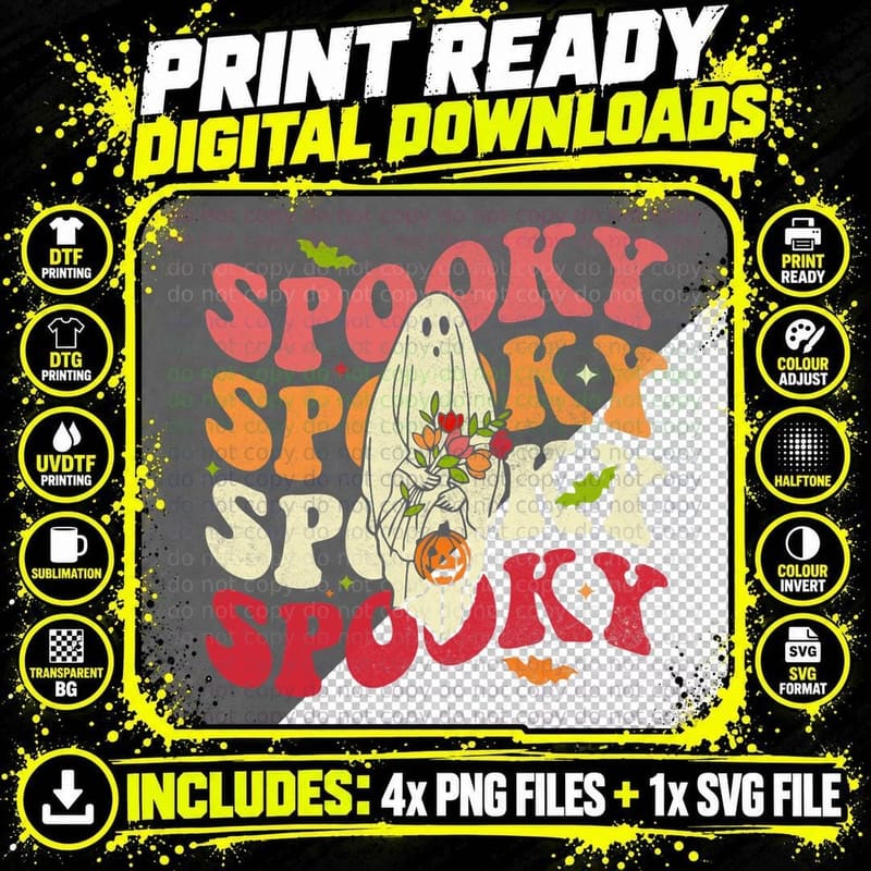 Halloween Retro Groovy Spooky Ghost Boo Funny Women Kids Png SVG Digital Bundle