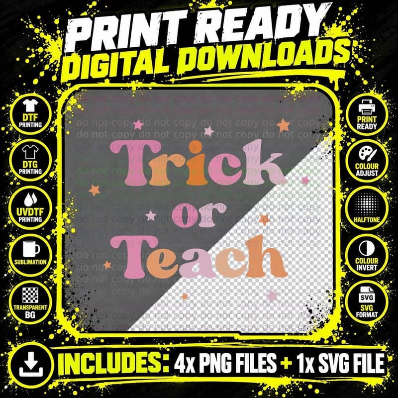 Halloween Retro Vintage Groovy Trick or Teach Teacher Png SVG Digital Bundle