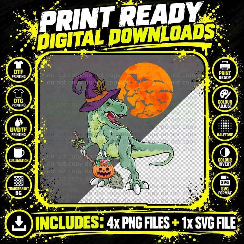 Halloween Witchy Dinosaur T Rex Horror Halloween T-Rex Png SVG Digital Bundle