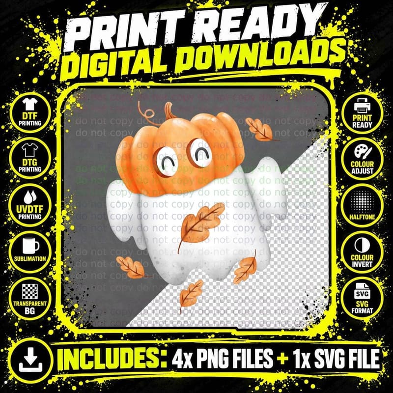 Happy Ghost, Smiling Pumpkin, Happy Halloween T-Shirt Png SVG Digital Bundle