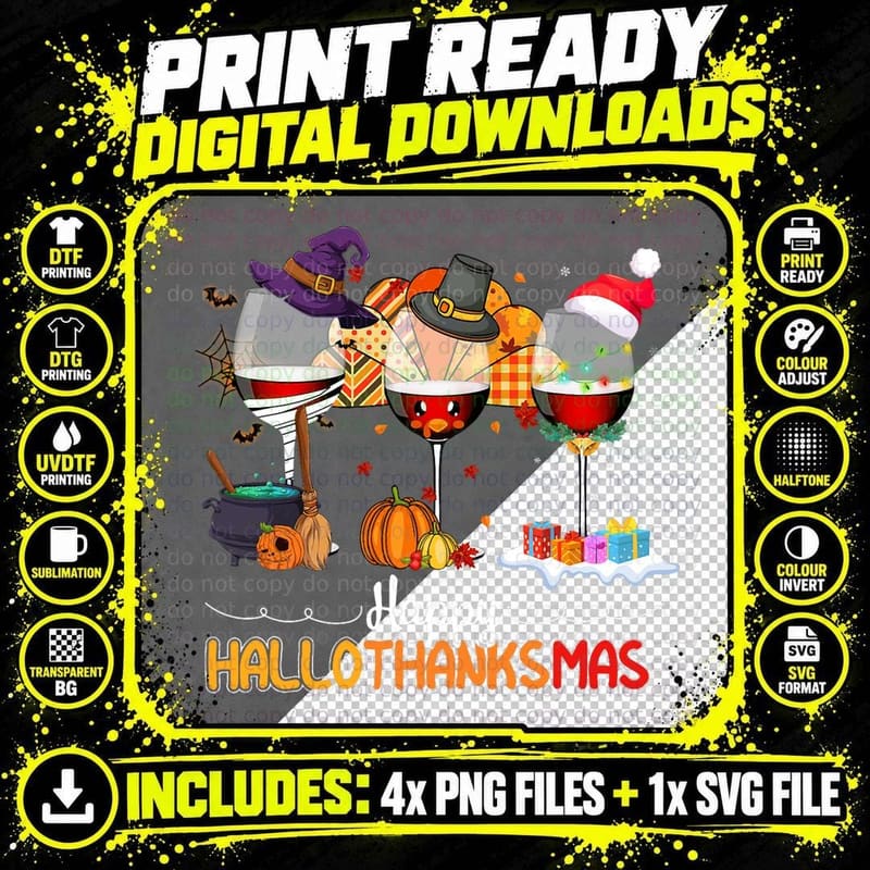 Happy Hallothanksmas Wine Glasses Drinking Lover Png SVG Digital Bundle