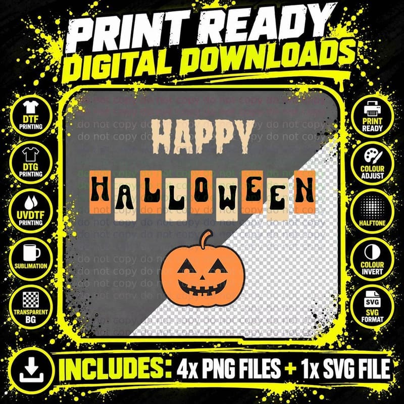 Happy Halloween Cute Pumpkin Face - Vintage Retro Png SVG Digital Bundle