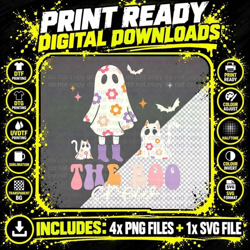 He Boo Crew Spooky Season Ghost Cat Halloween Groovy Png SVG Digital Bundle