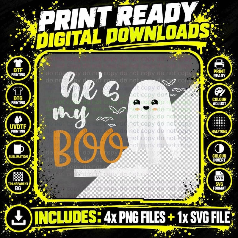 Hes My Boo Funny Matching Couple Halloween Apparel Ghost Png SVG Digital Bundle