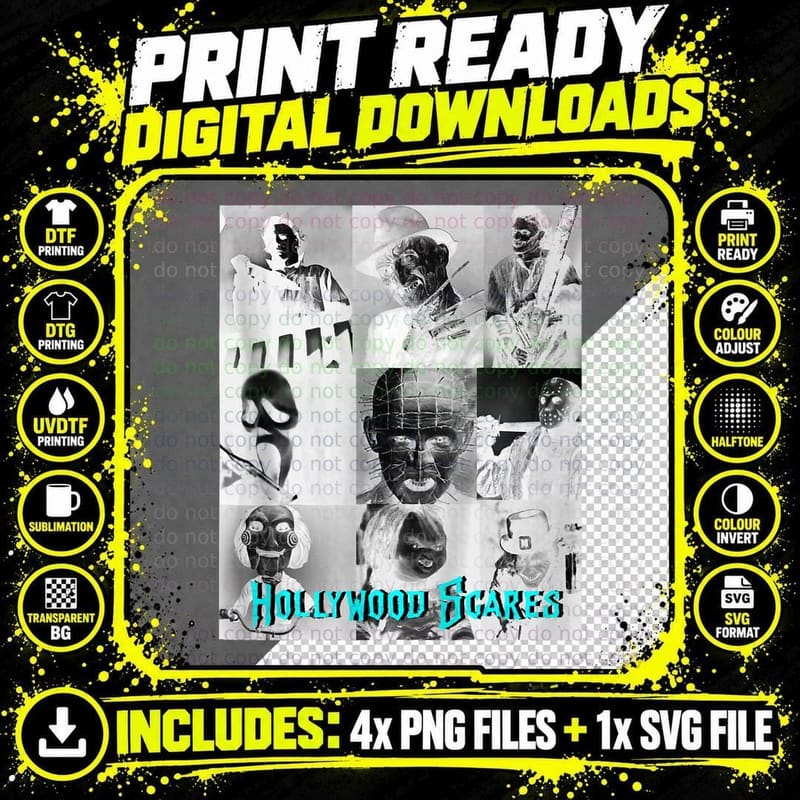 Hollywood Scares Halloween Scary Horror T-Shirt Png SVG Digital Bundle