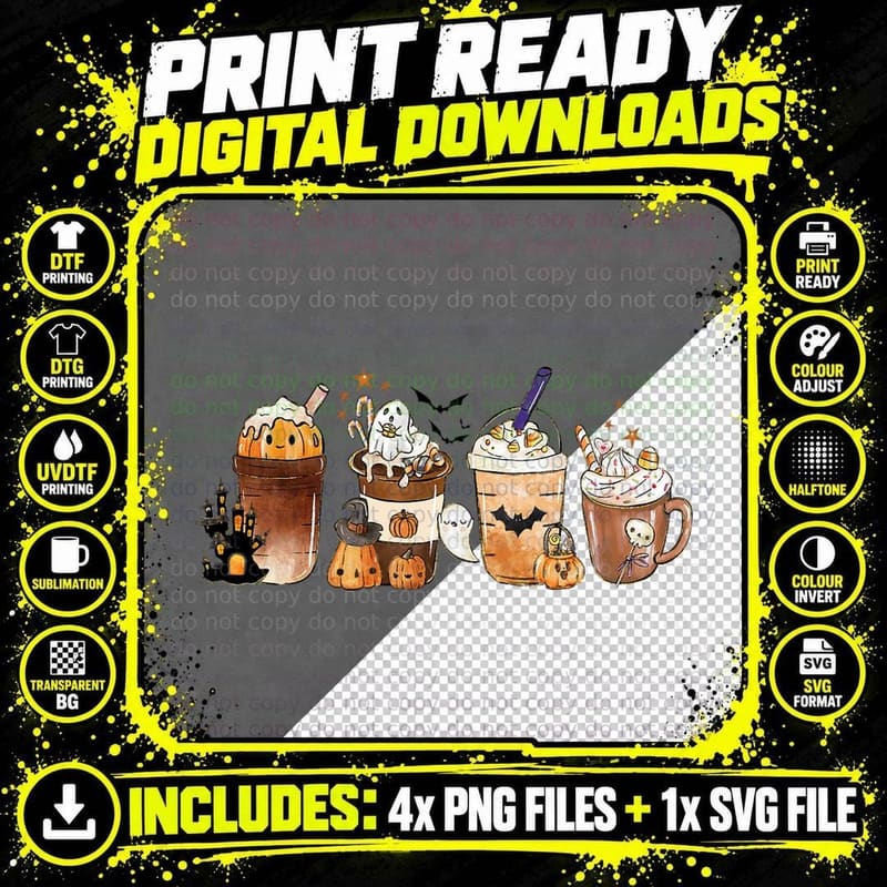 Horror Fall Coffee Pumpkin Spice Latte Iced Autumn Png SVG Digital Bundle
