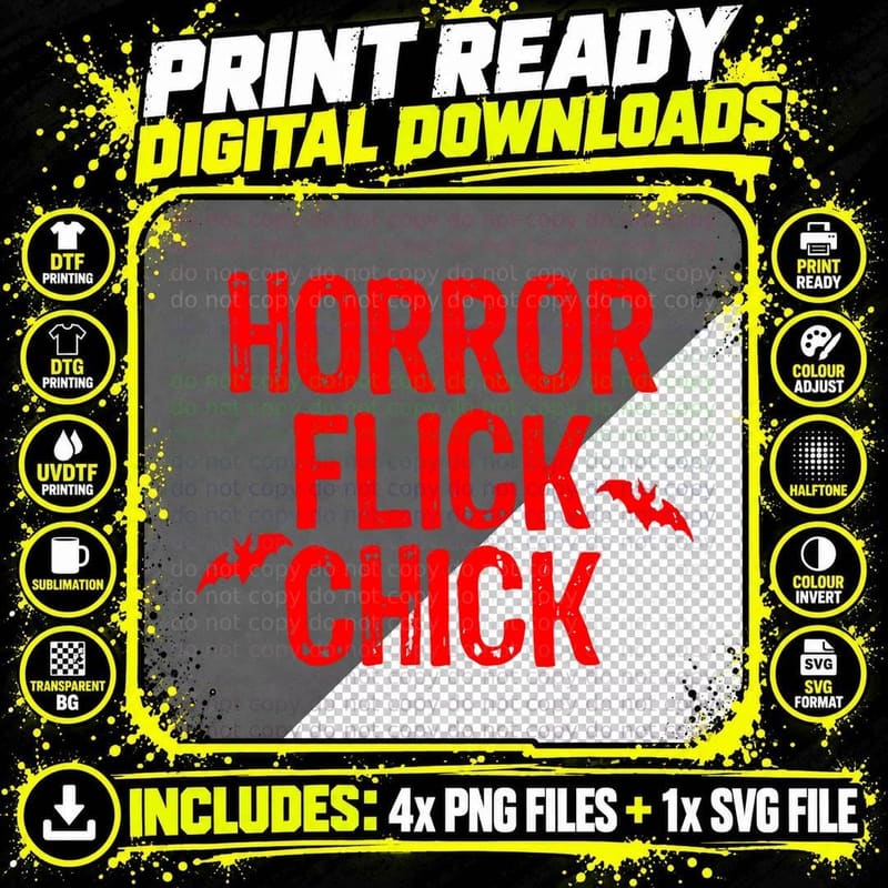 Horror Flick Chick Slasher Movie Blood Splatter Png SVG Digital Bundle
