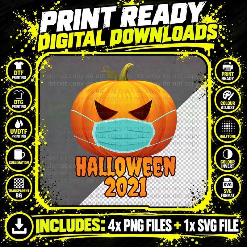 Horror Pumpkin with Face Mask Scary Costume Halloween Png SVG Digital Bundle