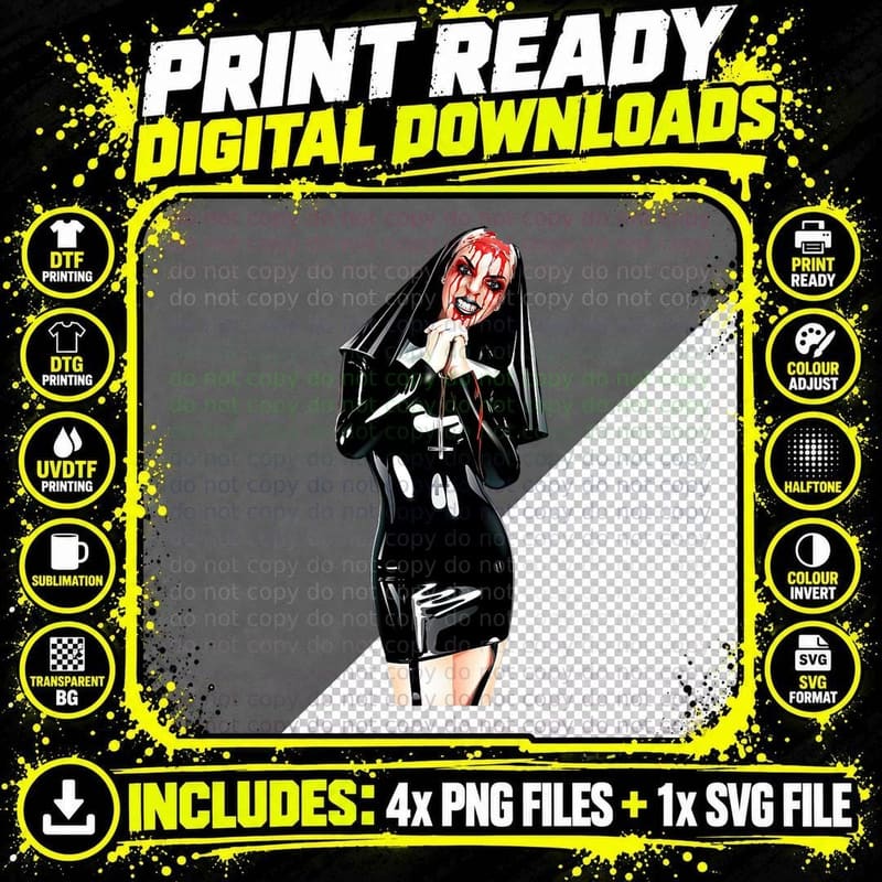 Horror Unholy Nun Bad Nun Satanic Nun T-Shirt Png SVG Digital Bundle