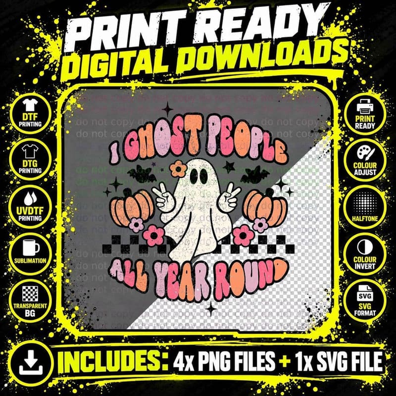 I Ghost People All Year Round Retro Hippie Halloween Png SVG Digital Bundle