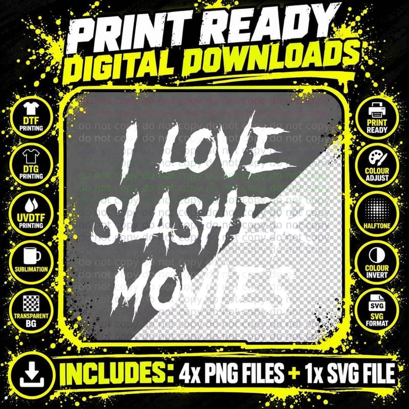 I Love Slasher Movies Horror Word Design T-Shirt Png SVG Digital Bundle