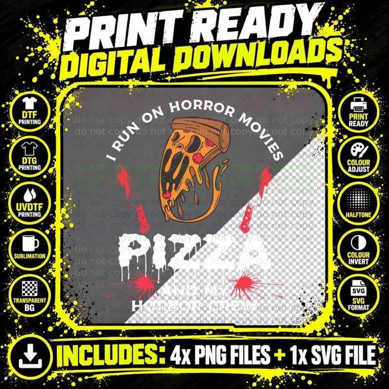I Run on Horror Movies Pizza and My Horror Crew T-Shirt Png SVG Digital Bundle