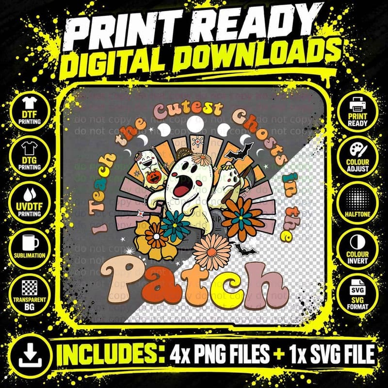 I Teach the Cutest Ghosts the Patch Retro Teacher Png SVG Digital Bundle