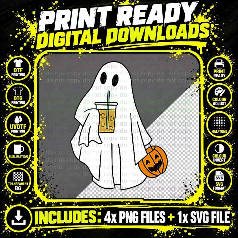 Iced Coffee Halloween Cute Little Ghost Pumpkin Costume Png SVG Digital Bundle