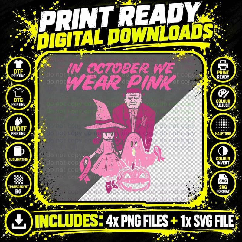 In October We Wear Pink Witch Ghost Breast Cancer Png SVG Digital Bundle