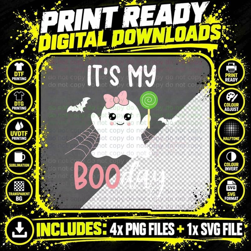 Its My Boo Day Cute Halloween Birthday Ghost Pink Bow Png SVG Digital Bundle