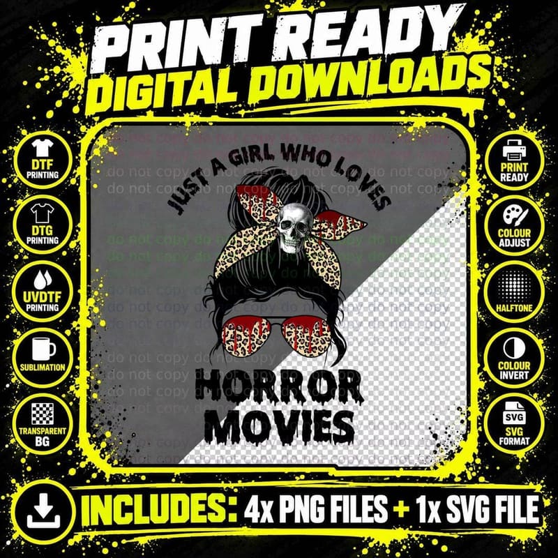 Just a Girl Who Loves Horror Movies Messy Bun Hair Png SVG Digital Bundle