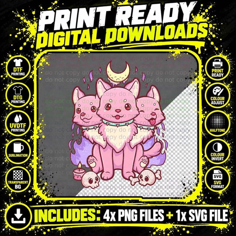 Kawaii Pastel Goth Cute Creepy 3 Headed Dog T-Shirt Png SVG Digital Bundle