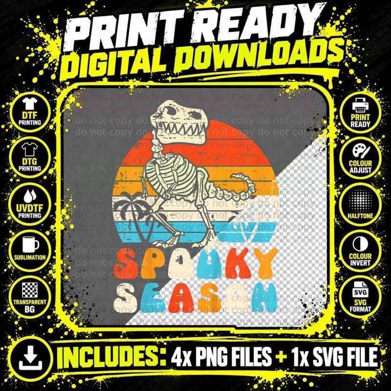 Kids Dinosaur Skeleton Spooky Season Retro Halloween Png SVG Digital Bundle
