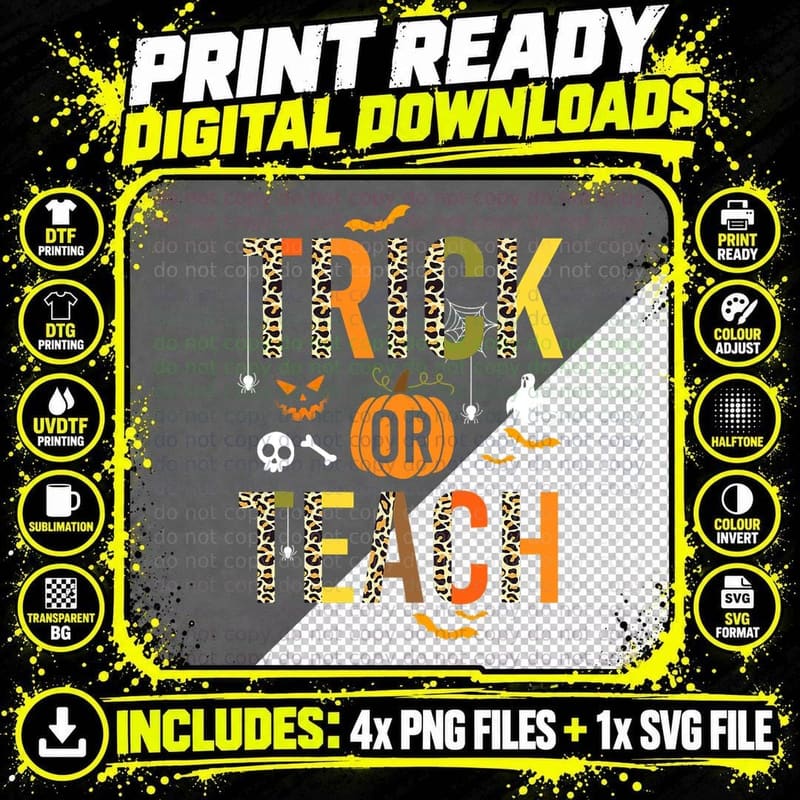 Leopard Trick or Teach Halloween School Fall Autumn Png SVG Digital Bundle