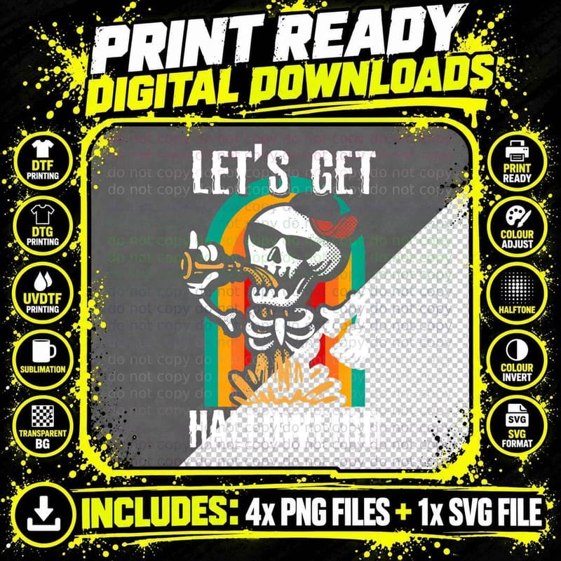 Let's Get Halloweird Drinking Skeleton Horror Halloween Png SVG Digital Bundle