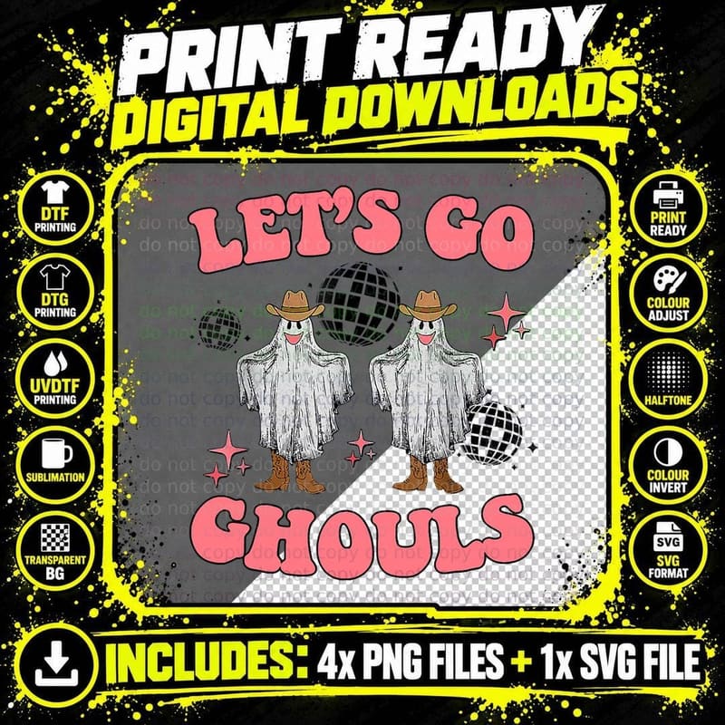 Let's Go Ghouls Disco Ball Ghost Spooky Halloween Party Png SVG Digital Bundle