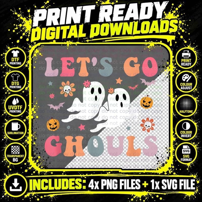Let's Go Ghouls Groovy Retro Halloween Ghost Outfit Png SVG Digital Bundle